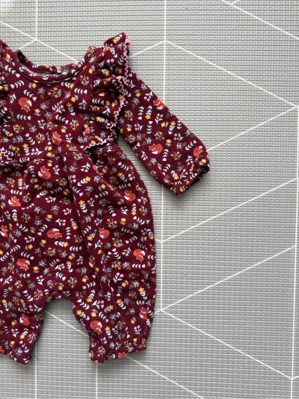 Wonder Nation|Baby Girl Burgundy Floral & Fox print long sleeve jumpsuit•••0-3M